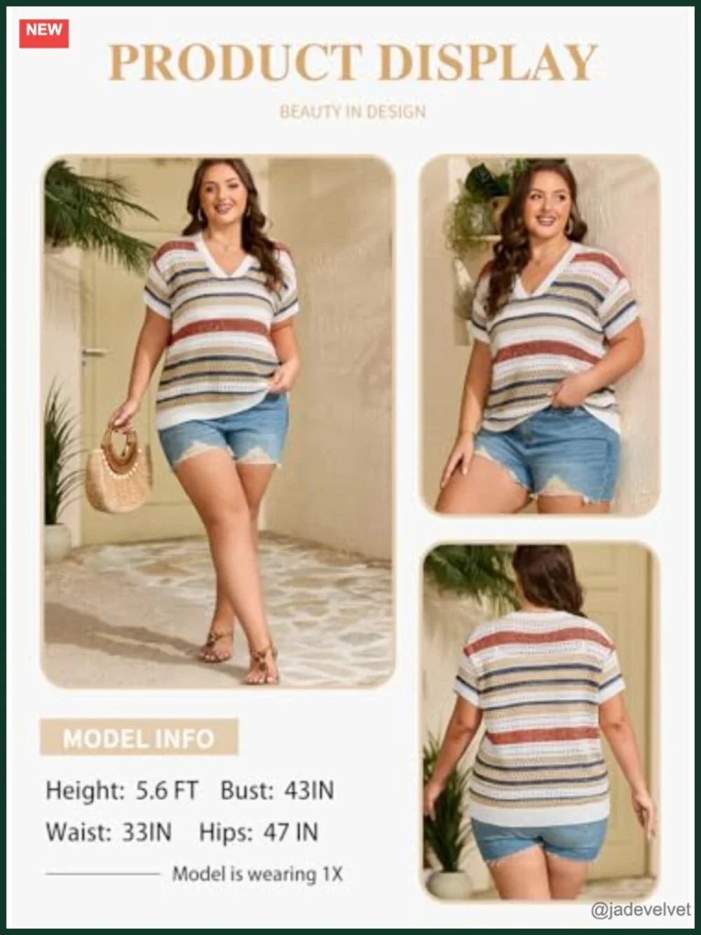 Plus Size Striped V Neck Short Sleeve Hollow Out Crochet Knit Sweater Cover Up